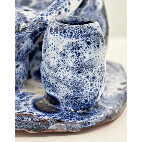 Vintage Clay‎ Art Pottery Figure Sitting w/Pots Primitive Blue Speckled Glazed - Picture 14 of 16